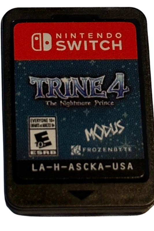 Trine 4 Nintendo Switch inspired design featuring fantasy puzzle platform adventure aesthetic magical heroes cooperative gameplay enchanting worlds physics based challenges vibrant storybook environments whimsical action exploration presentation cartridge