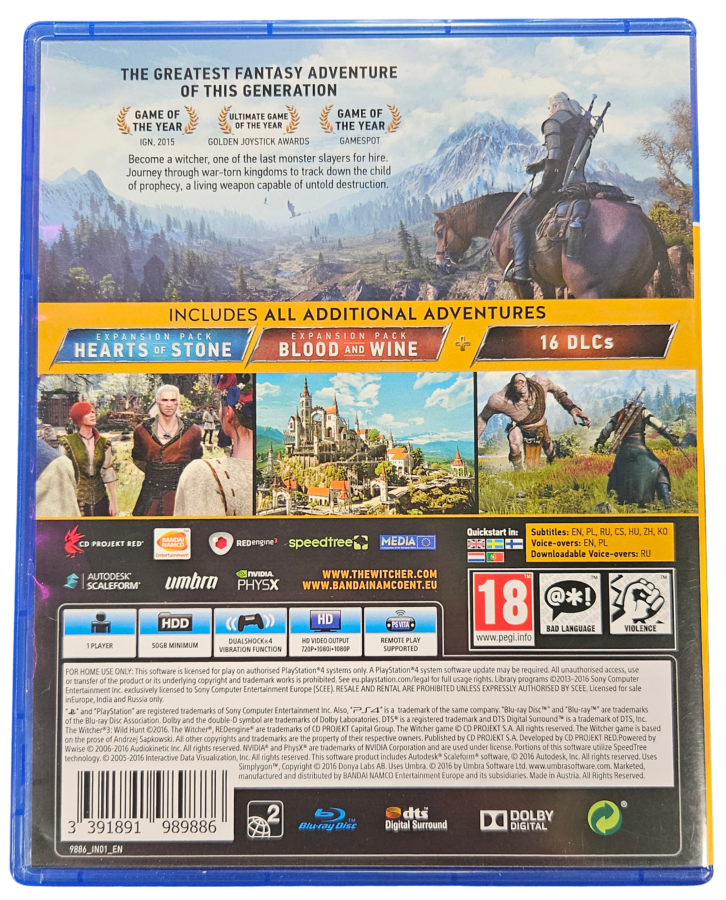 The Witcher 3 Wild Hunt Game of the Year Edition PAL PlayStation 4 PS4 for action role playing video game fans featuring expansive open world exploration epic fantasy storytelling monster hunting deep character progression complete edition with downloadable content immersive combat collectible gaming appeal back box art