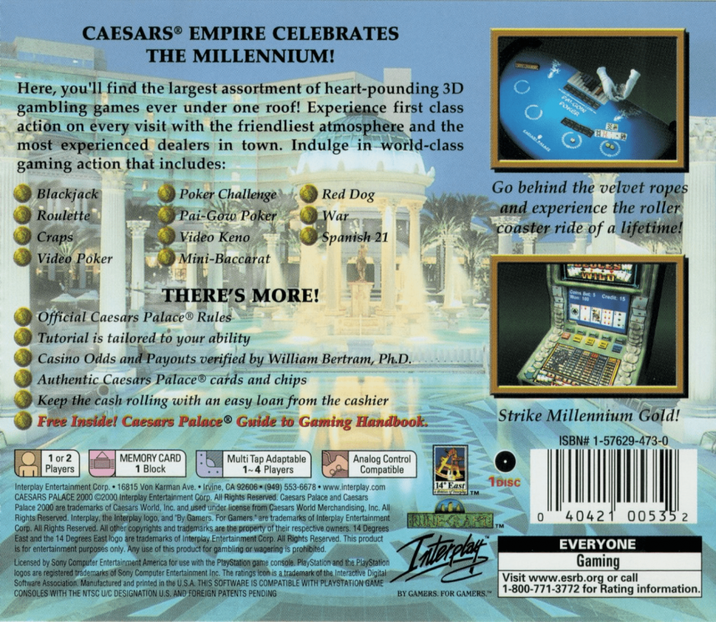 Caesar's Palace 2000 back of box for PlayStation 1 (PS1) retro video game