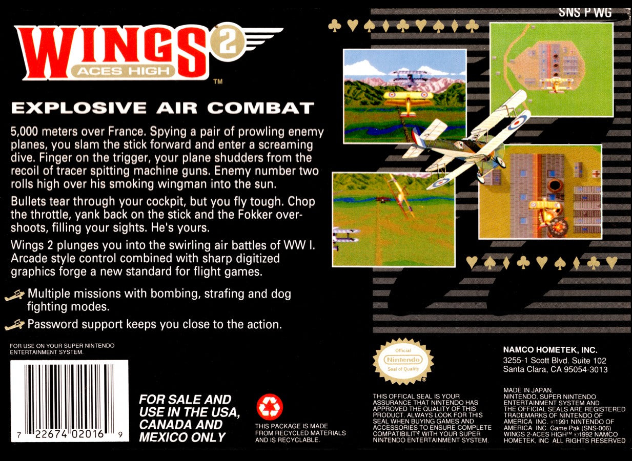 Wings 2 Aces High retro SNES video game Wings 2 military flight combat simulation World War aerial dogfights arcade style action gameplay console title Super Nintendo release back of case