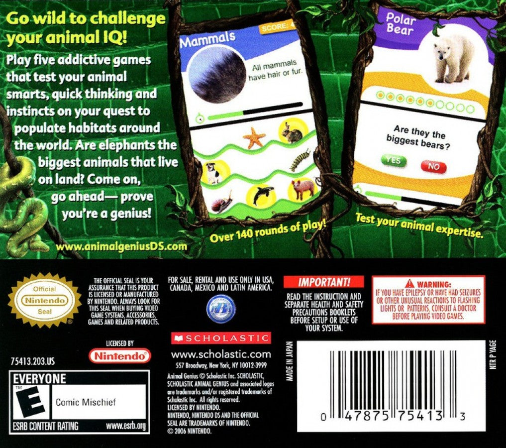Animal Genius Nintendo DS game featuring educational puzzle gameplay and animal-themed challenges back cover