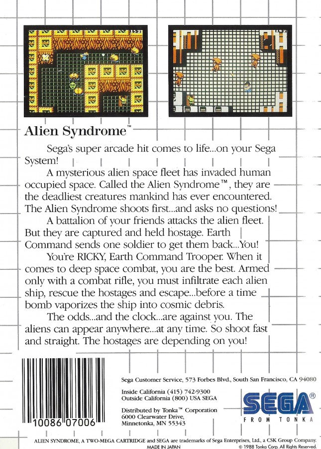 Alien Syndrome Sega Master System SMS for arcade action shooter video game fans featuring alien combat maze exploration rescue missions enemy hordes weapon upgrades power ups challenging stages futuristic environments and fast paced classic Sega Master System gameplay collectible retro gaming appeal gameplay
