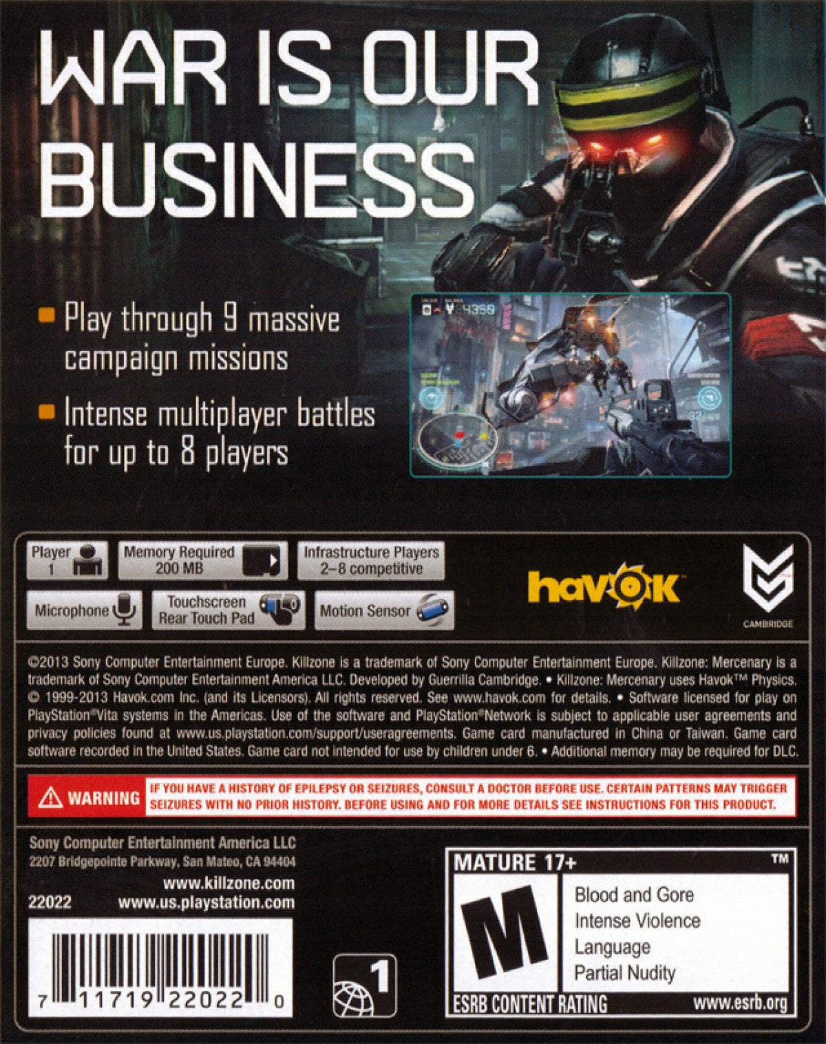 Killzone Mercenary game for the PlayStation Vita featuring first person shooter gameplay with high quality console style visuals for handheld stealth and action missions contract based objectives and multiplayer modes set in the Killzone universe where players work as a mercenary for both sides of the war back cover art