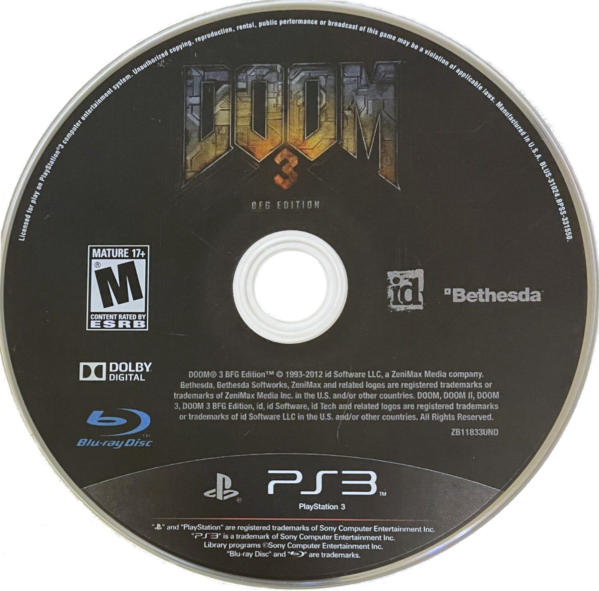 Doom 3 BFG Edition PlayStation 3 video game featuring enhanced classic shooter gameplay remastered visuals bonus content and iconic id Software sci fi horror action title disc