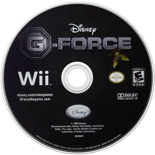 Disney’s G‑Force disc art for Nintendo Wii action‑platform adventure starring a high‑tech team of elite guinea pigs on a secret mission, featuring fast‑paced combat, gadgets, and puzzle‑driven exploration inspired by the film