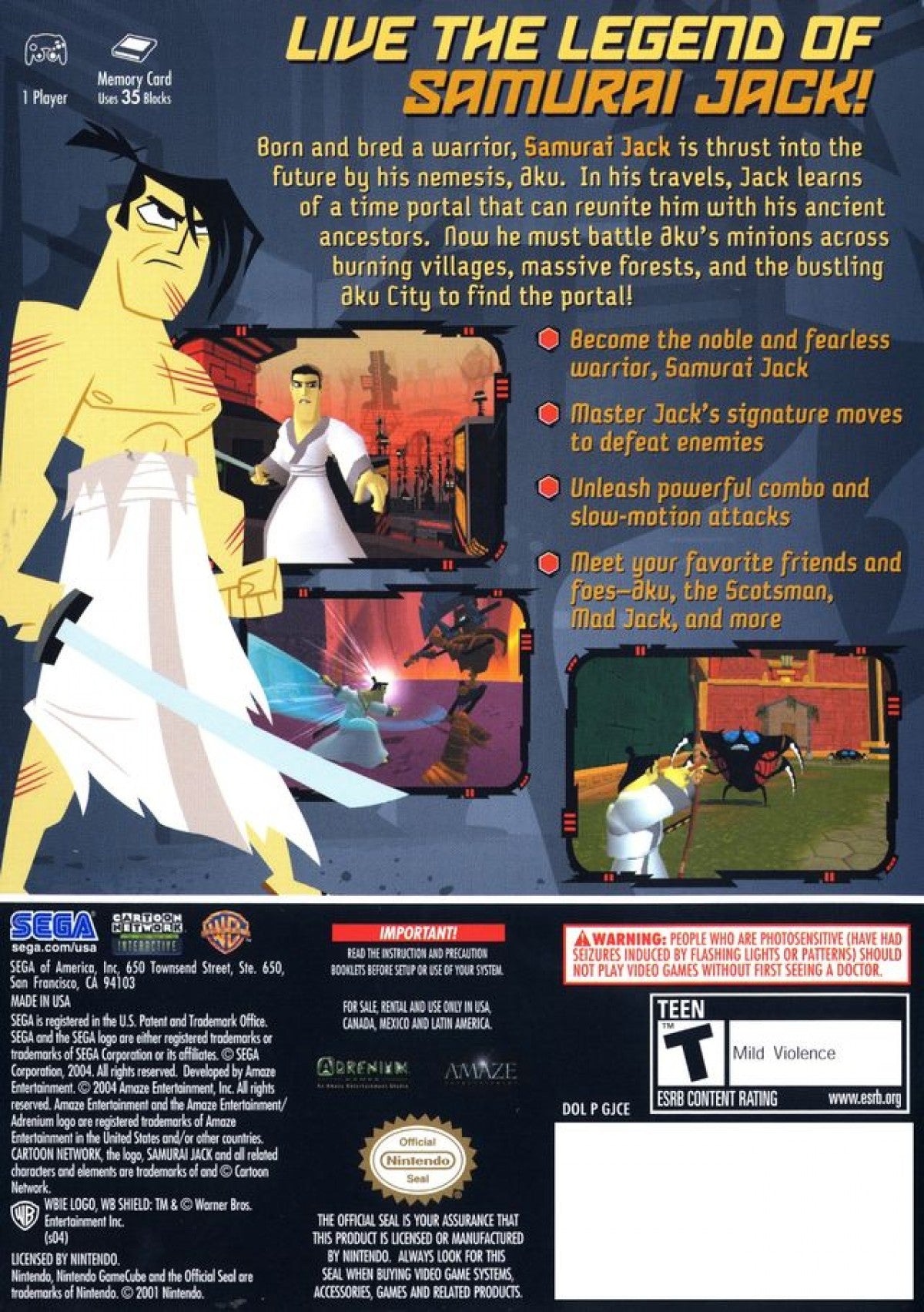 Samurai Jack The Shadow of Aku for GameCube featuring action adventure gameplay based on the animated series back cover art
