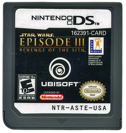 Star Wars Episode III Revenge of the Sith cartridge for the Nintendo DS featuring action combat gameplay based on the movie with lightsaber battles force powers and cinematic missions following Anakin and Obi Wan cartridge