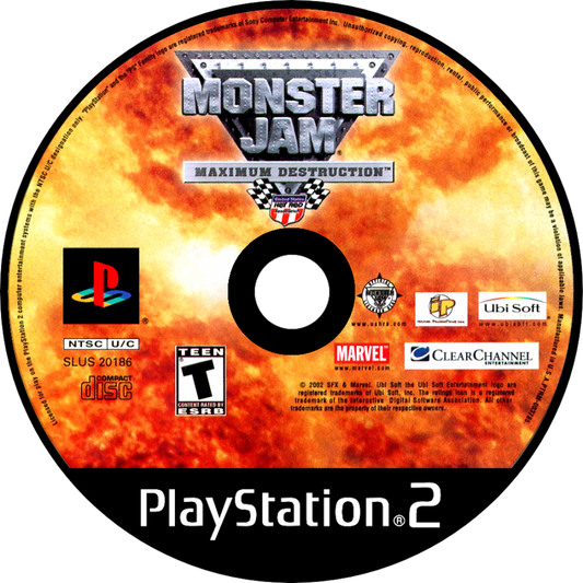 Monster Jam: Maximum Destruction disc art for PlayStation 2 (PS2) featuring explosive monster truck battles with real licensed vehicles, destructible arenas, and chaotic arcade action.