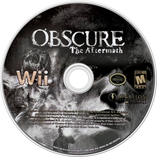 Obscure: The Aftermath disc art for Nintendo Wii (Wii) featuring survival horror gameplay and cooperative action adventure.