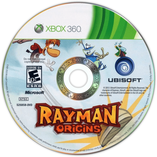 Rayman Origins disc for Xbox 360 (X360) platformer adventure video game