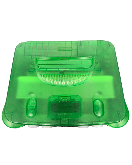 Nintendo 64 Jungle Green console featuring the translucent green clamshell design standard N64 hardware with cartridge slot, four controller ports, and compatible with classic N64 games