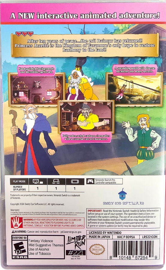 Arzette The Jewel of Faramore Nintendo Switch for action adventure video game fans featuring hand drawn animated visuals side scrolling platforming fantasy exploration puzzle solving memorable characters retro inspired gameplay magical kingdoms charming storytelling collectible gaming appeal back cover art