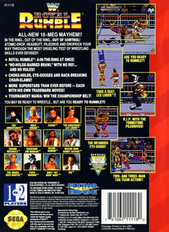 WWF Royal Rumble retro Sega Genesis video game featuring wrestling combat gameplay, WWE superstar battles, multiplayer match action and classic Genesis entertainment - back of case