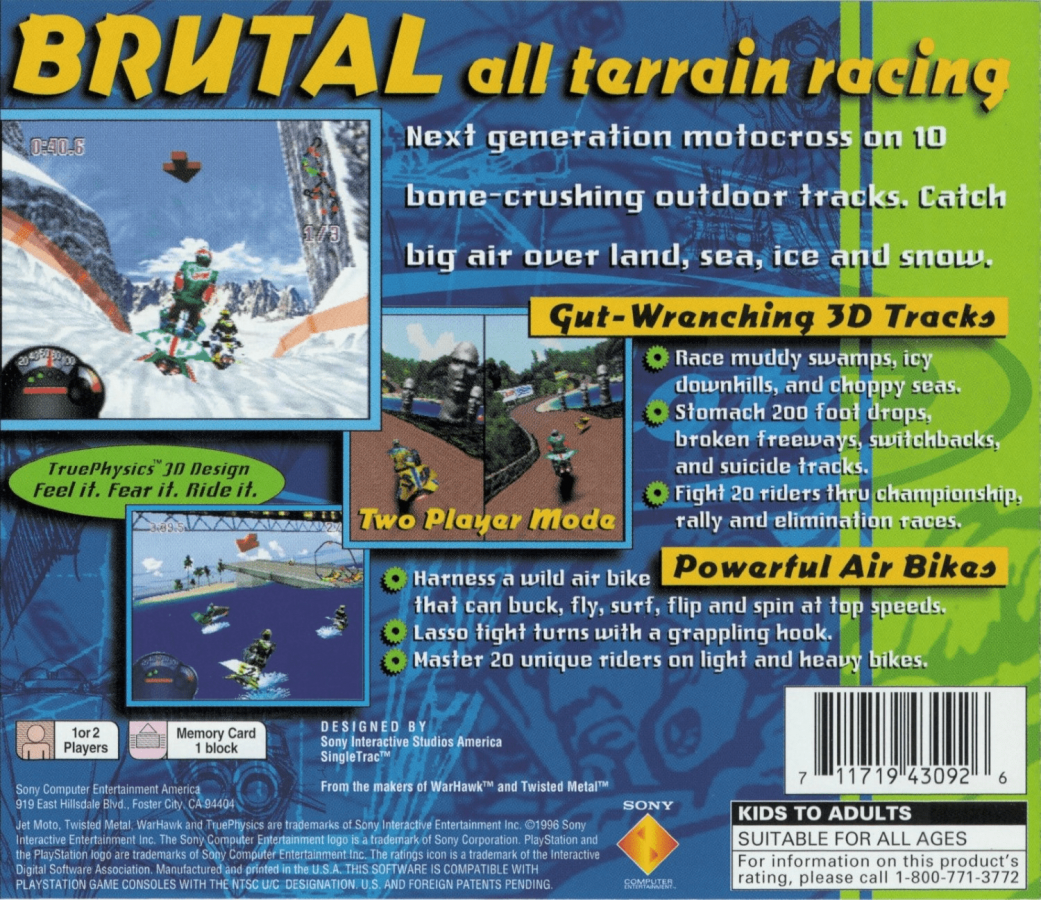 Jet Moto back of case for PlayStation 1 (PS1) retro video game