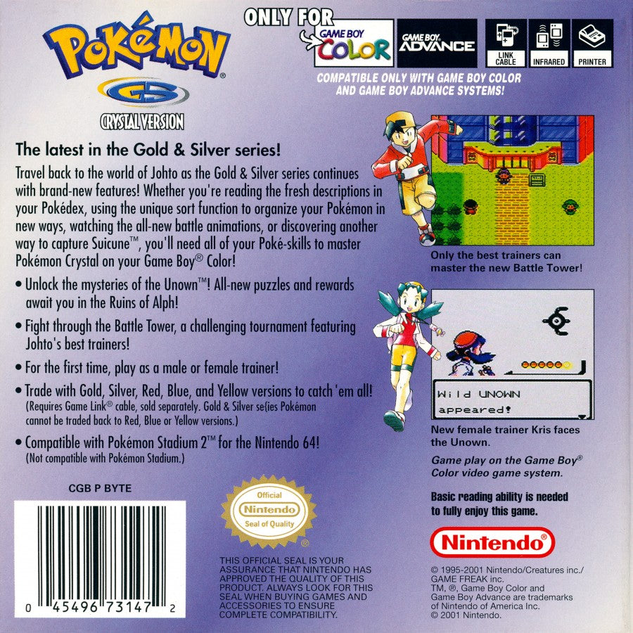 Pokémon Crystal Game Boy Color game featuring classic turn-based RPG gameplay, iconic Johto region adventure, and beloved Generation II Pokémon back cover art