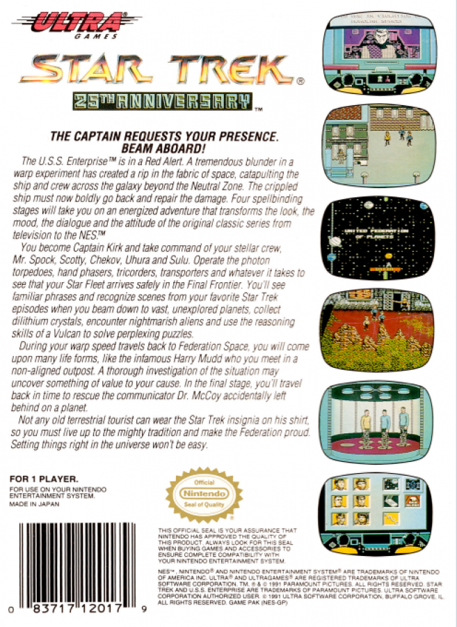 Star Trek 25th Anniversary back of box for Nintendo Entertainment System NES retro video game