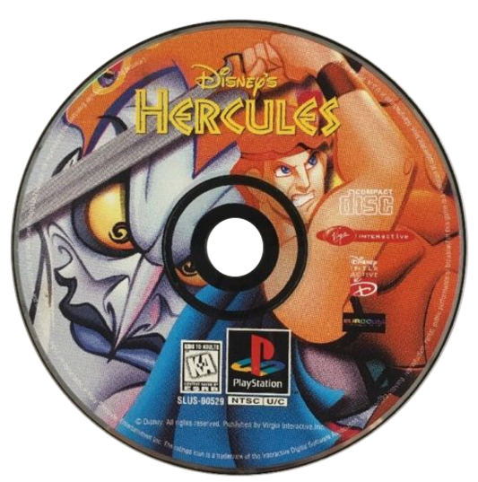 Disney Hercules PlayStation 1 PS1 Virgin Interactive 2D side-scrolling platformer action-adventure based on the animated film levels following Hercules journey Meg Hades Pegasus Phil Pain Panic titans Hydra Greek mythology villain battles puzzle-solving voice clips from the movie Sony PlayStation original classic 90s licensed game disc