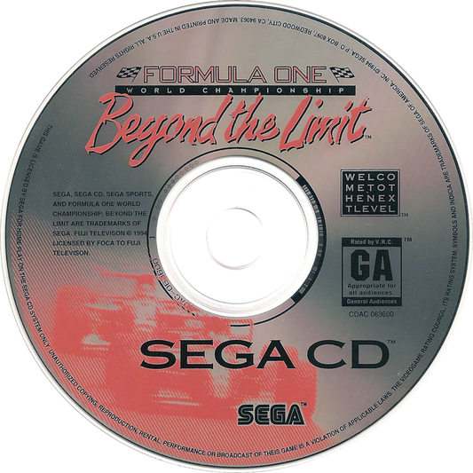 Formula One Beyond the Limit Sega CD racing simulation Formula 1 motorsport game realistic tracks cockpit driving perspective high speed racing enhanced CD audio time trial and championship gameplay Sega retro gaming Sega CD software video game title disc