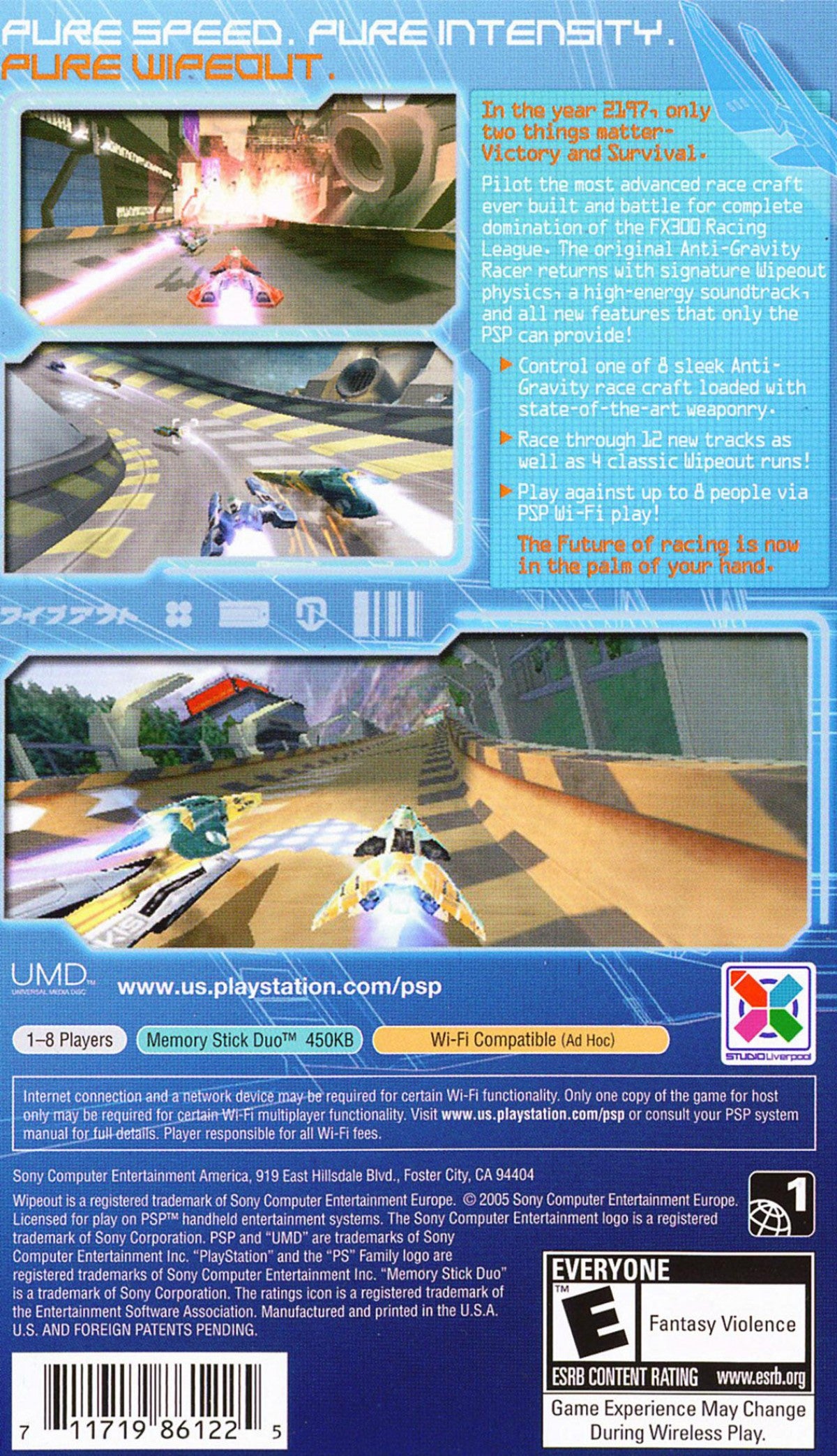 Wipeout Pure UMD for the PlayStation Portable featuring futuristic anti gravity racing gameplay with high speed tracks electronic soundtrack and competitive time trial and multiplayer modes back cover
