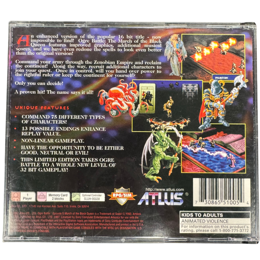 Ogre Battle PlayStation 1 PS1 strategy role playing video game featuring tactical battles real-time unit movement fantasy warfare character recruitment army management magical attacks kingdom liberation and classic PlayStation 1 PS1 gameplay collectible retro gaming appeal back cover art