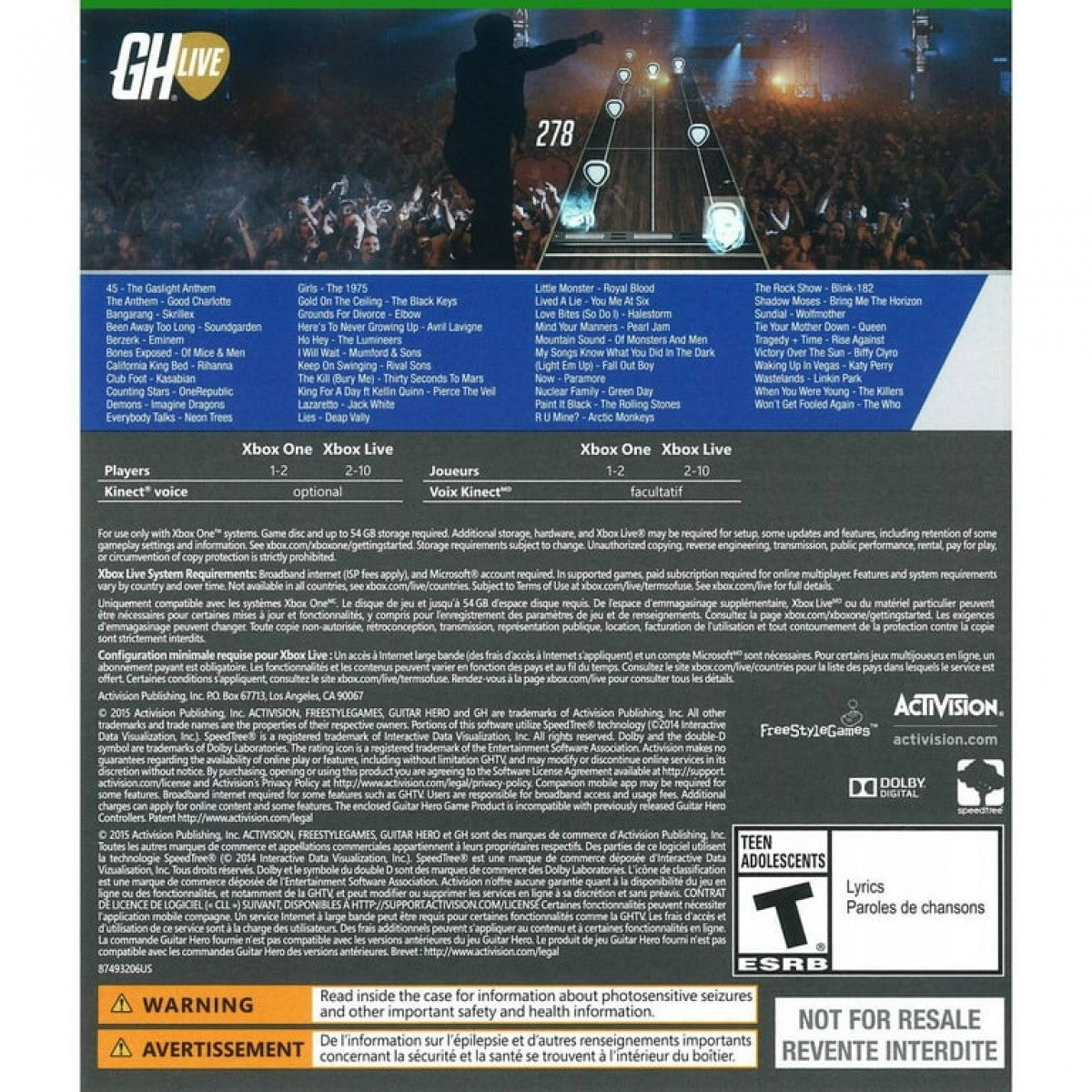Guitar Hero Live Xbox One game featuring innovative live action concert gameplay, redesigned guitar controller support, and rhythm based music action back cover
