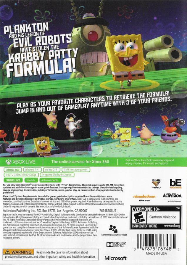 SpongeBob SquarePants: Plankton's Robotic Revenge back of case for Xbox 360 (X360) action-adventure platformer video game