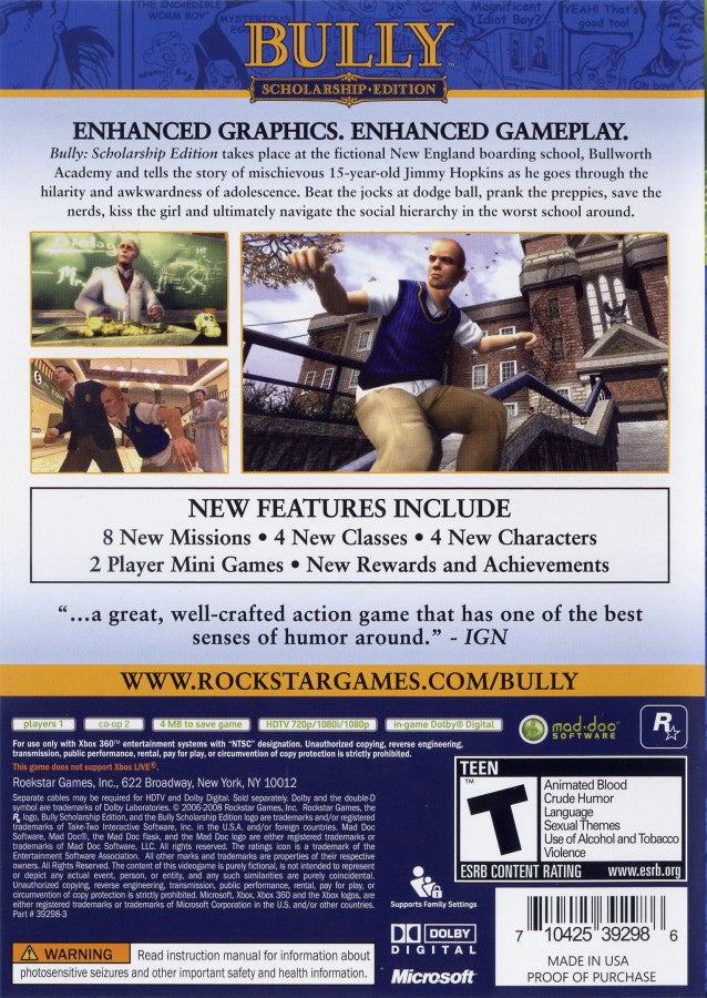 Bully Scholarship Edition Xbox 360 open-world school adventure with story missions pranks and classroom mini-games back cover art