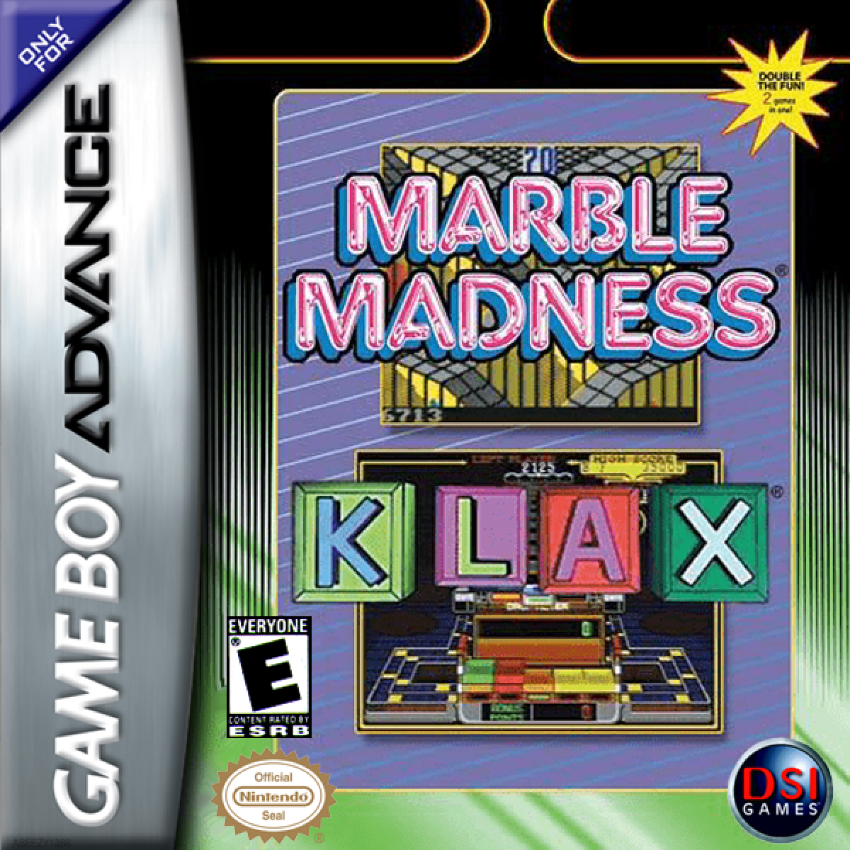 Marble Madness and Klax game cover for Game Boy Advance with colorful design and text.