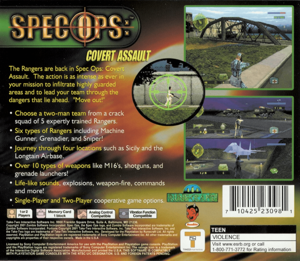 Spec Ops: Covert Assault back of case for PlayStation 1 (PS1) tactical shooter video game