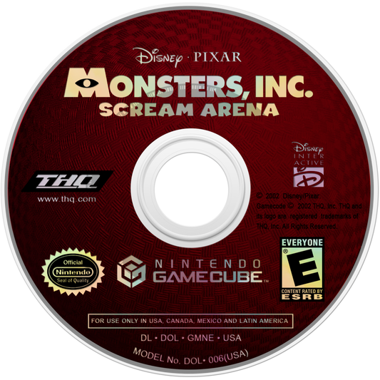 Disc Cover art for Monsters, Inc. Scream Arena GameCube GC video game, action party game, family-friendly, multiplayer, Pixar movie tie-in, Nintendo GameCube title