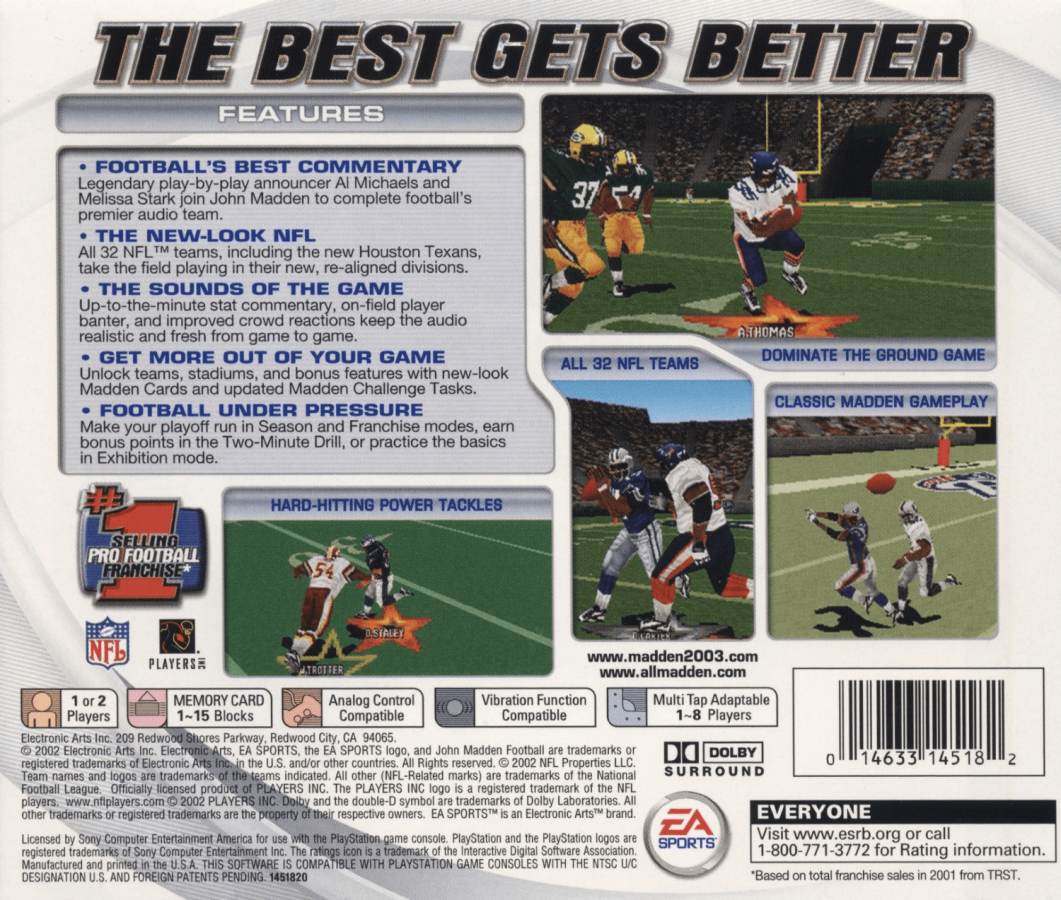 Madden NFL 2003 back of case for PlayStation 1 (PS1) retro football video game