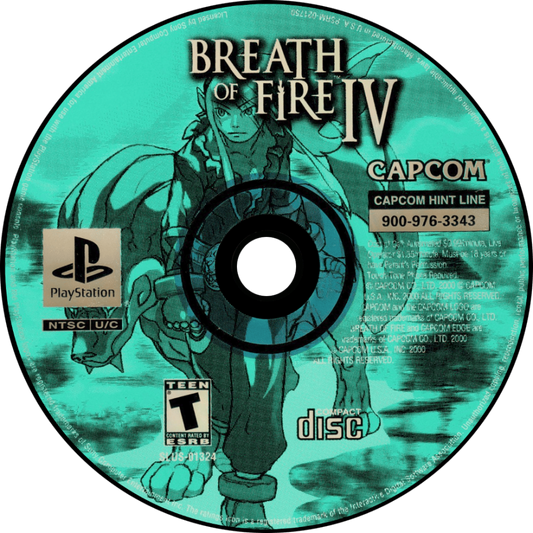 Breath of Fire IV PlayStation 1 PS1 role playing video game featuring epic fantasy adventure turn-based battles powerful magic dragon transformations character development exploration memorable characters challenging enemies and classic PlayStation 1 PS1 gameplay complete in box collectible retro gaming appeal game disc