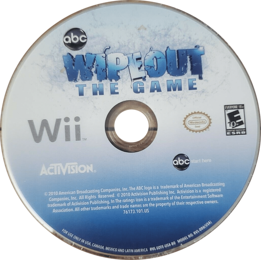 Wipeout: The Game disc art for Nintendo Wii (Wii) featuring obstacle course challenges inspired by the TV show, motion‑controlled gameplay, and hilarious wipeout moments.