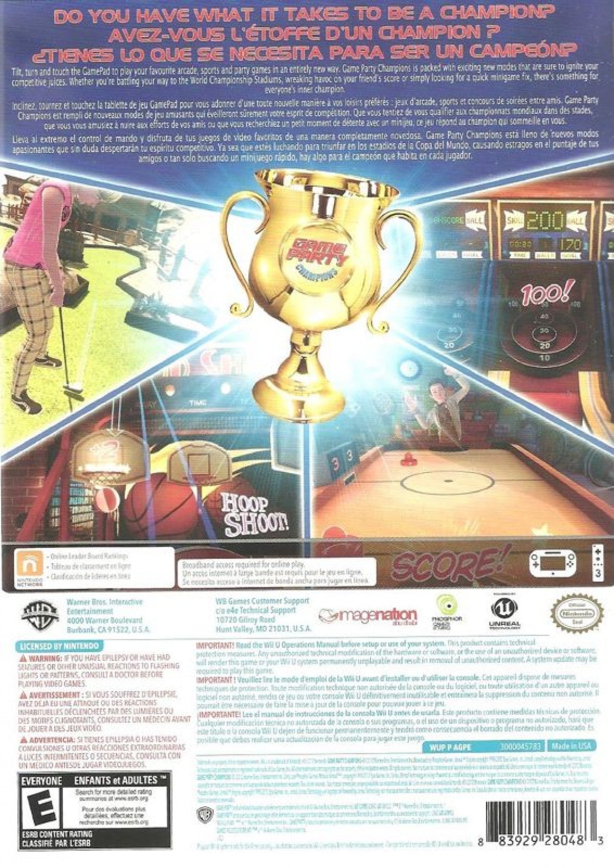 Game Party Champions game for the Nintendo Wii U featuring party style mini games such as tabletop sports skill challenges and arcade inspired activities using the Wii U GamePad with multiplayer modes and casual family friendly back cover art