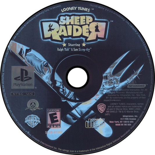 Sheep Raider game for the PlayStation featuring stealth puzzle gameplay as Ralph Wolf sneaks past Sam Sheepdog using gadgets disguises and environmental puzzles to capture sheep in a Looney Tunes themed setting disc