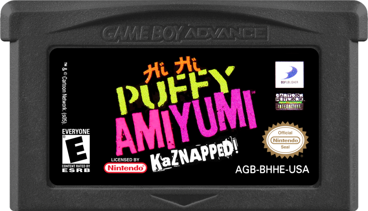 Game Boy Advance game cartridge with 'Hi Hi Puffy AmiYumi Kbzapped!' branding