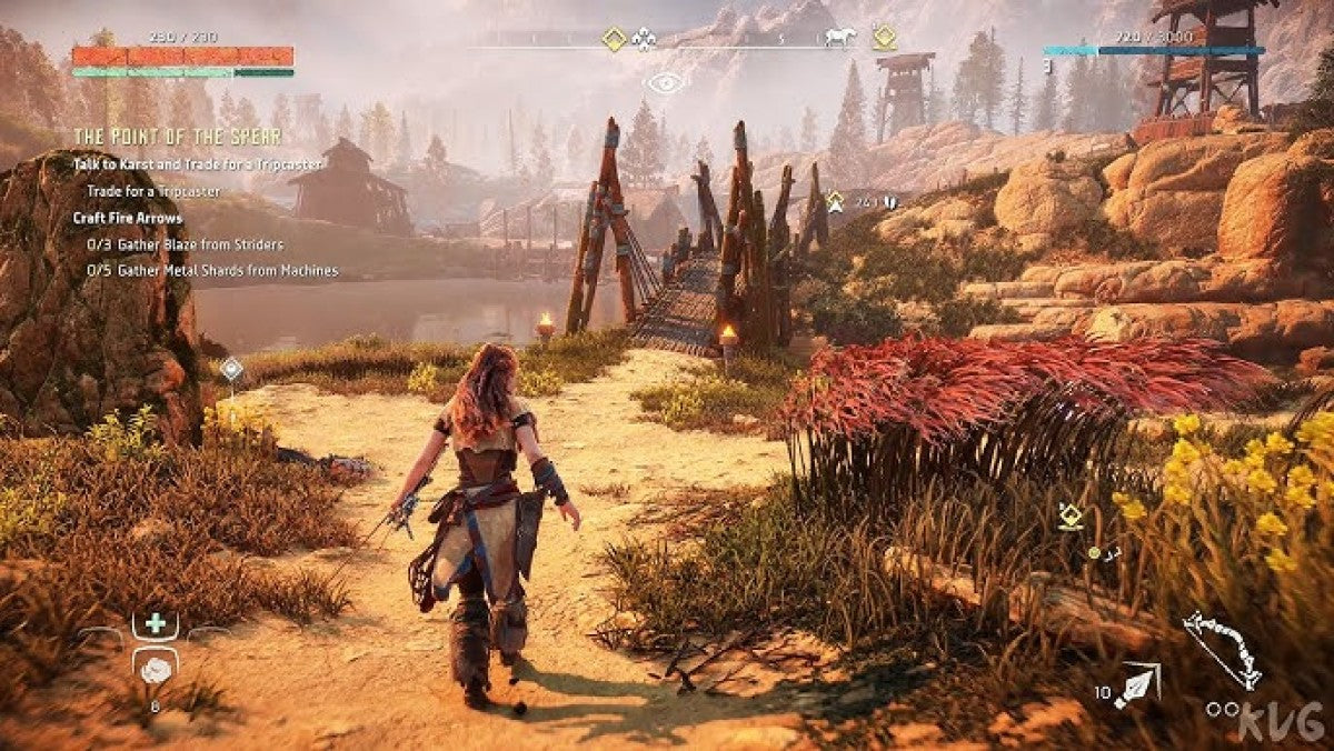 Horizon Zero Dawn Remastered PlayStation 5 action RPG Aloy machine hunter post-apocalyptic open world robotic creatures Thunderjaw Tallneck Watcher bow spear stealth combat elemental arrows focus scanning machine override exploration lush landscapes Nora tribe mysteries ancient ruins gameplay screenshot