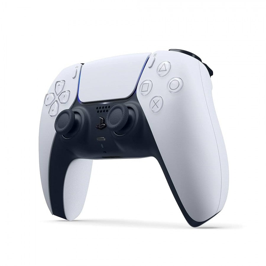 New white Sony DualSense wireless controller for PlayStation 5 featuring adaptive triggers, haptic feedback, touchpad, and ergonomic design