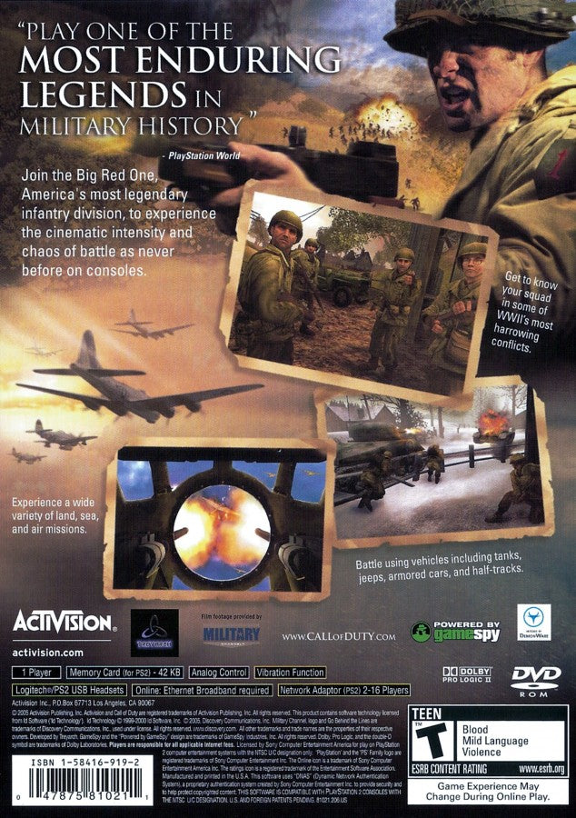 Call of Duty 2: Big Red One for PlayStation 2 with World War II themed military action back cover art