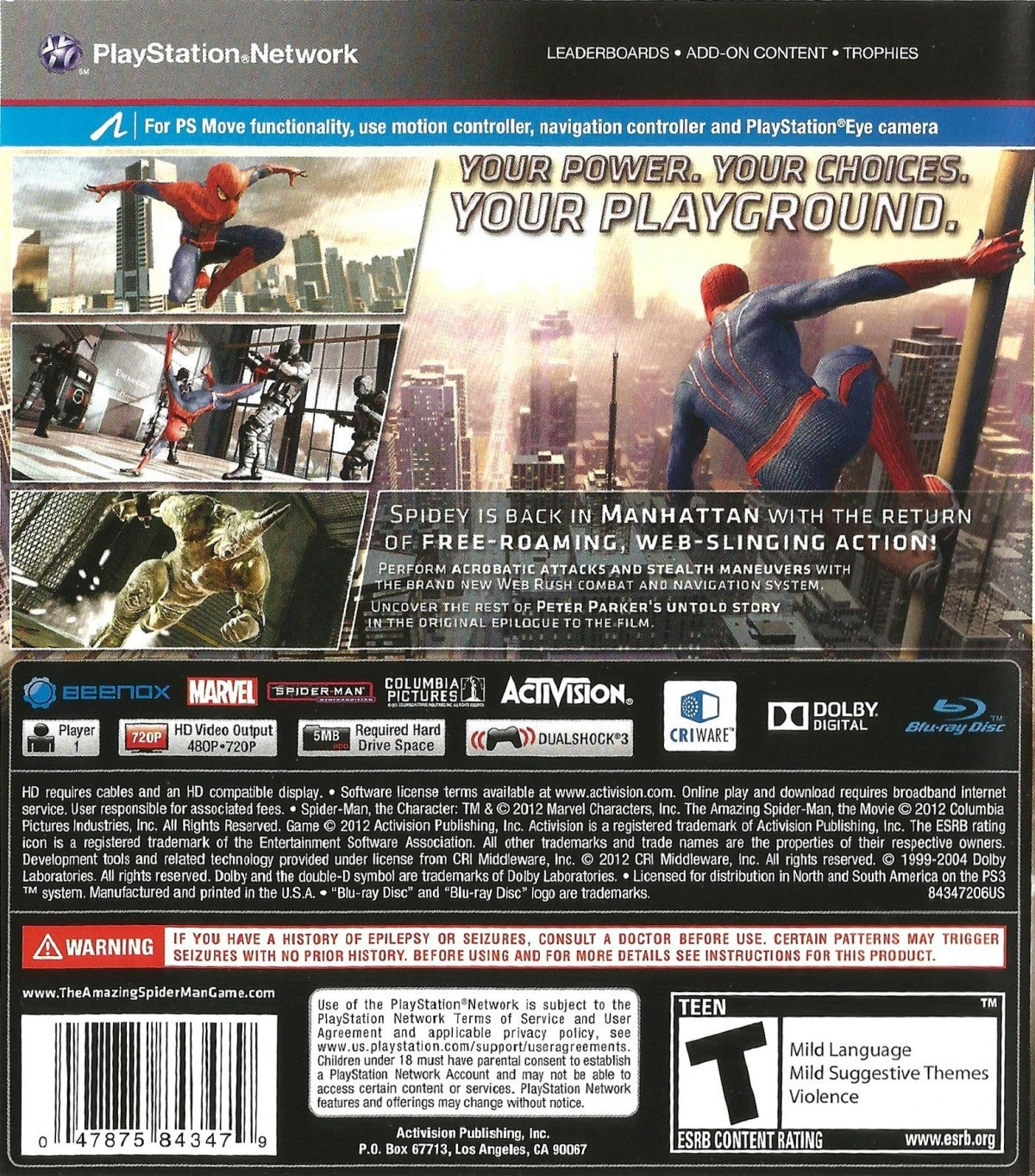 The Amazing Spider-Man PlayStation 3 PS3 video game, open-world action adventure, superhero gameplay, web-slinging combat, Marvel title back cover art
