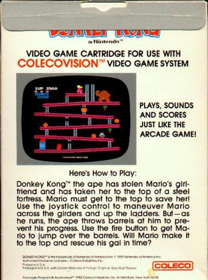 Donkey Kong back cover art for ColecoVision (CV) video game