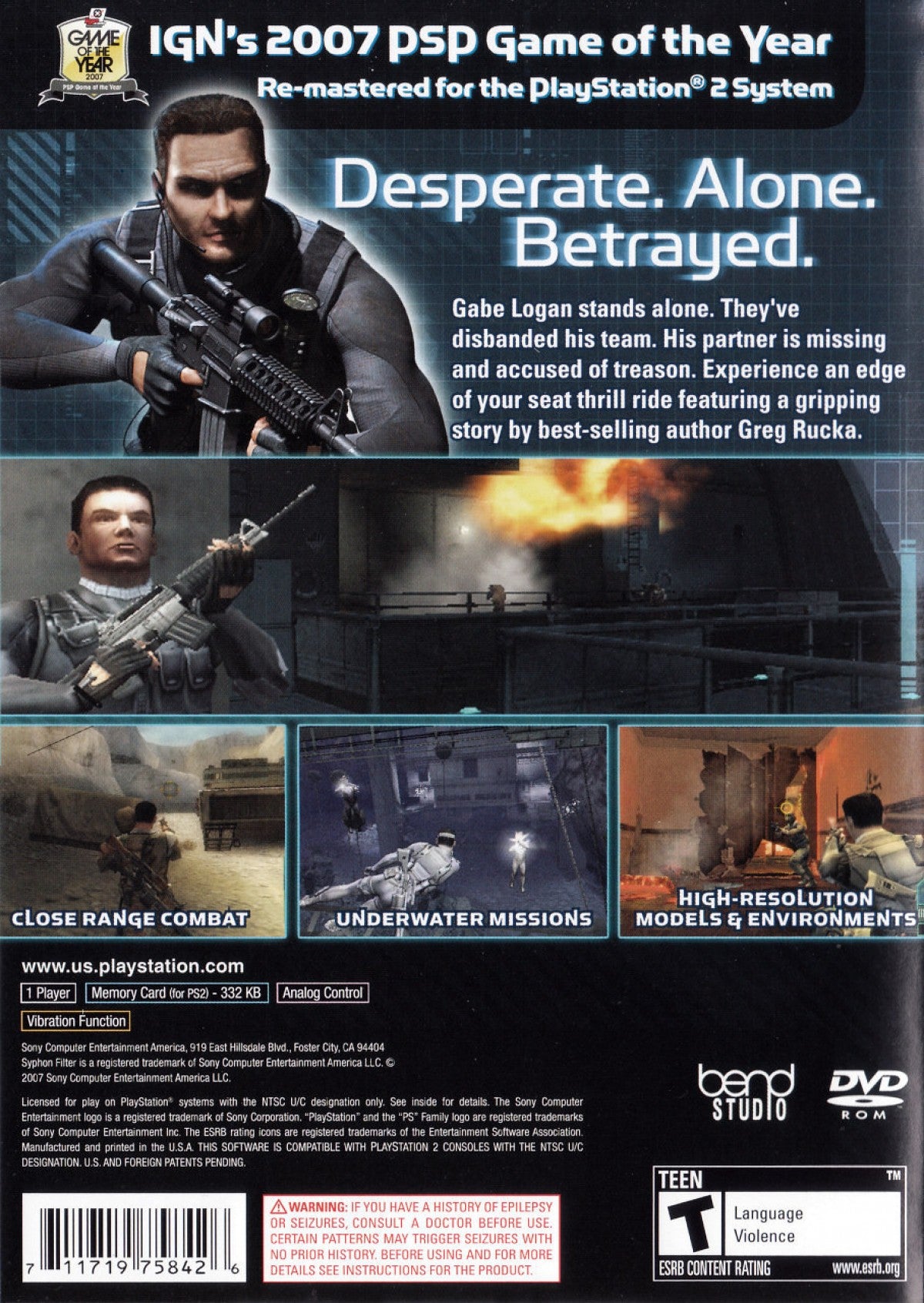 Syphon Filter Logan's Shadow PlayStation 2 PS2 for action stealth video game fans featuring tactical espionage gameplay third person shooter combat covert operations realistic weapons immersive military missions cinematic storytelling special agent action and intense stealth adventure collectible gaming appeal back cover art