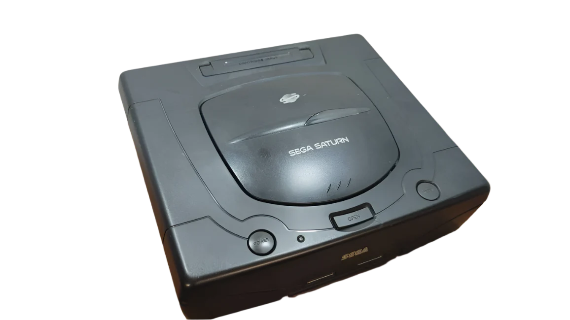 Sega Saturn console featuring classic 90s design and retro CD-based gaming system angled front view of top