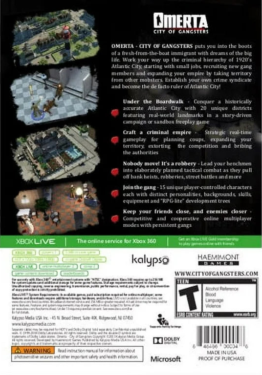 Omerta City of Gangsters Xbox 360 video game, strategy simulation, turn-based combat, mafia crime management, classic console title back cover