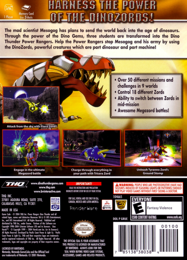 Power Rangers: Dino Thunder back of case for Nintendo GameCube (GC) action adventure video game