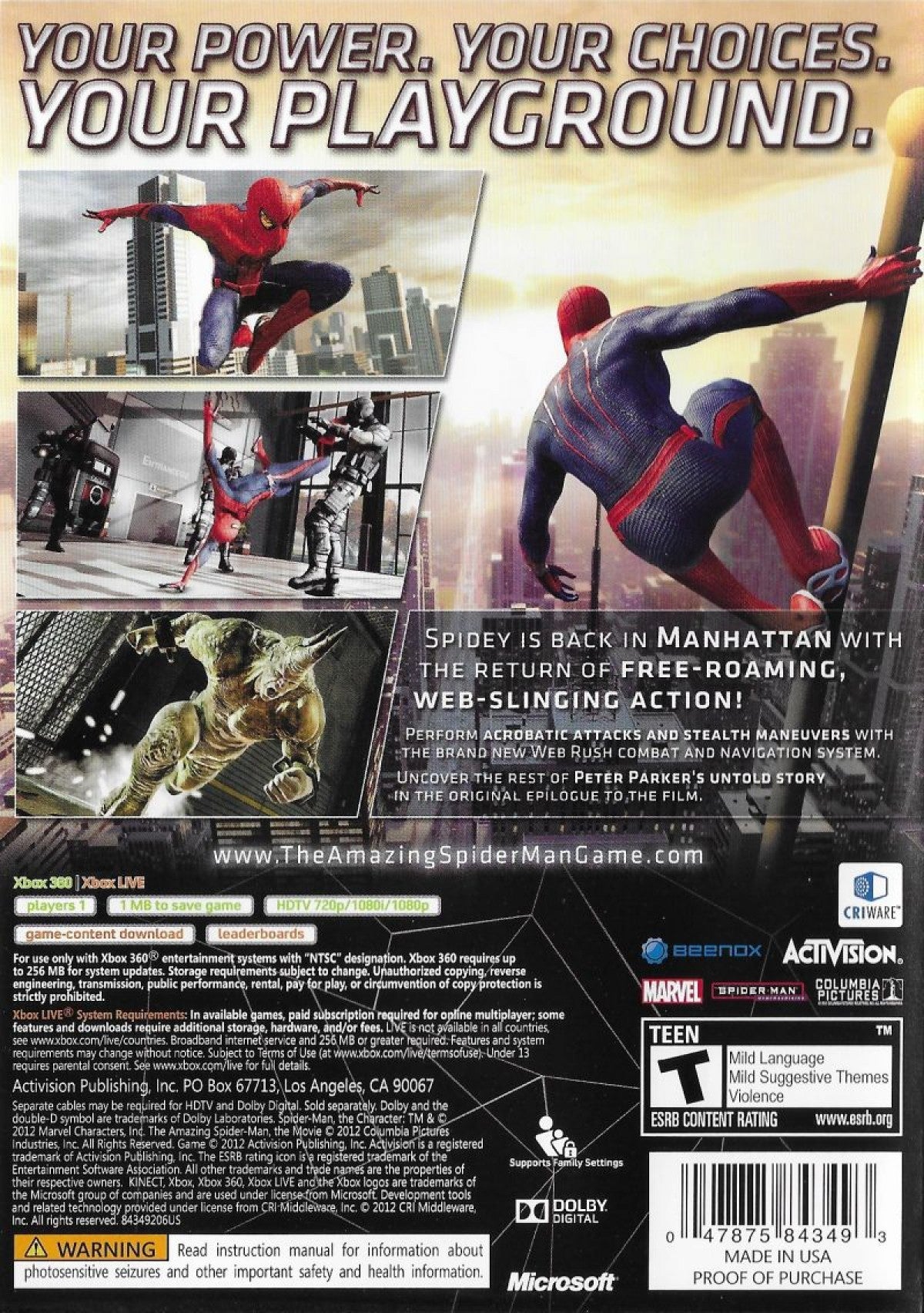 The Amazing Spider-Man Xbox 360 for retro video game enthusiasts featuring action adventure gameplay open world city exploration web swinging superhero combat iconic Marvel characters story driven missions dynamic traversal mechanics and collectible gaming appeal back cover