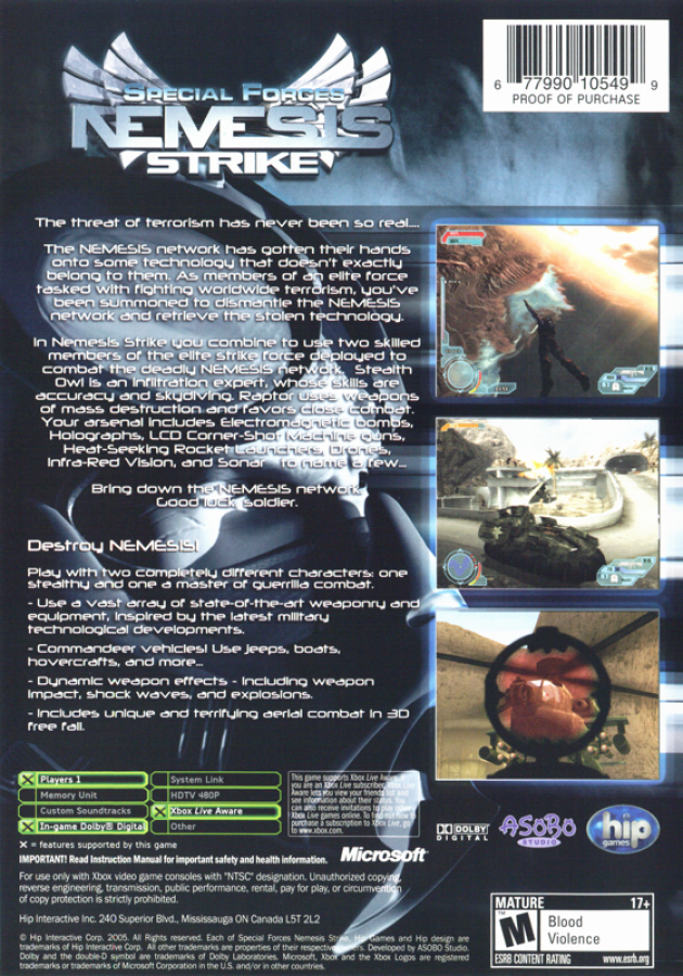 Special Forces Nemesis Strike for Xbox (Xbox), back of case action shooter video game.