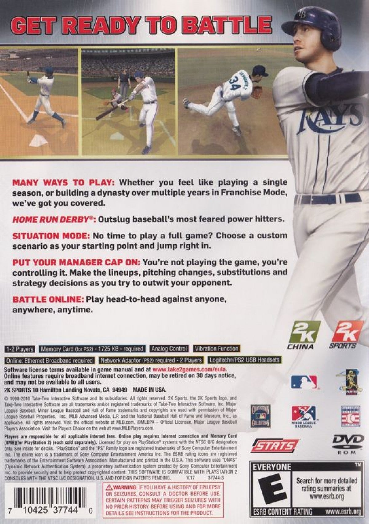 Major League Baseball 2K10 back cover art for PlayStation 2 (PS2) baseball video game.