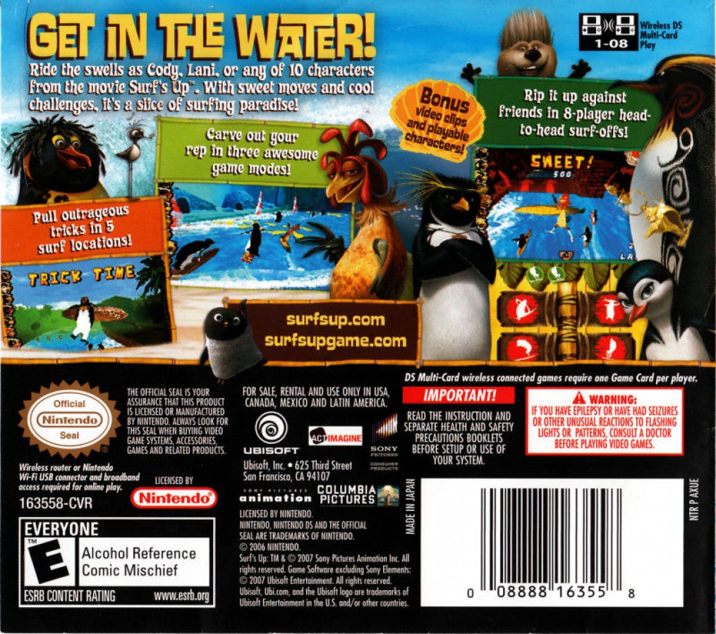Surf’s Up for Nintendo DS (DS), back of case for a retro video game featuring surfing sports gameplay, wave-riding challenges, trick-based competitions, character-based progression, and movie-inspired arcade action