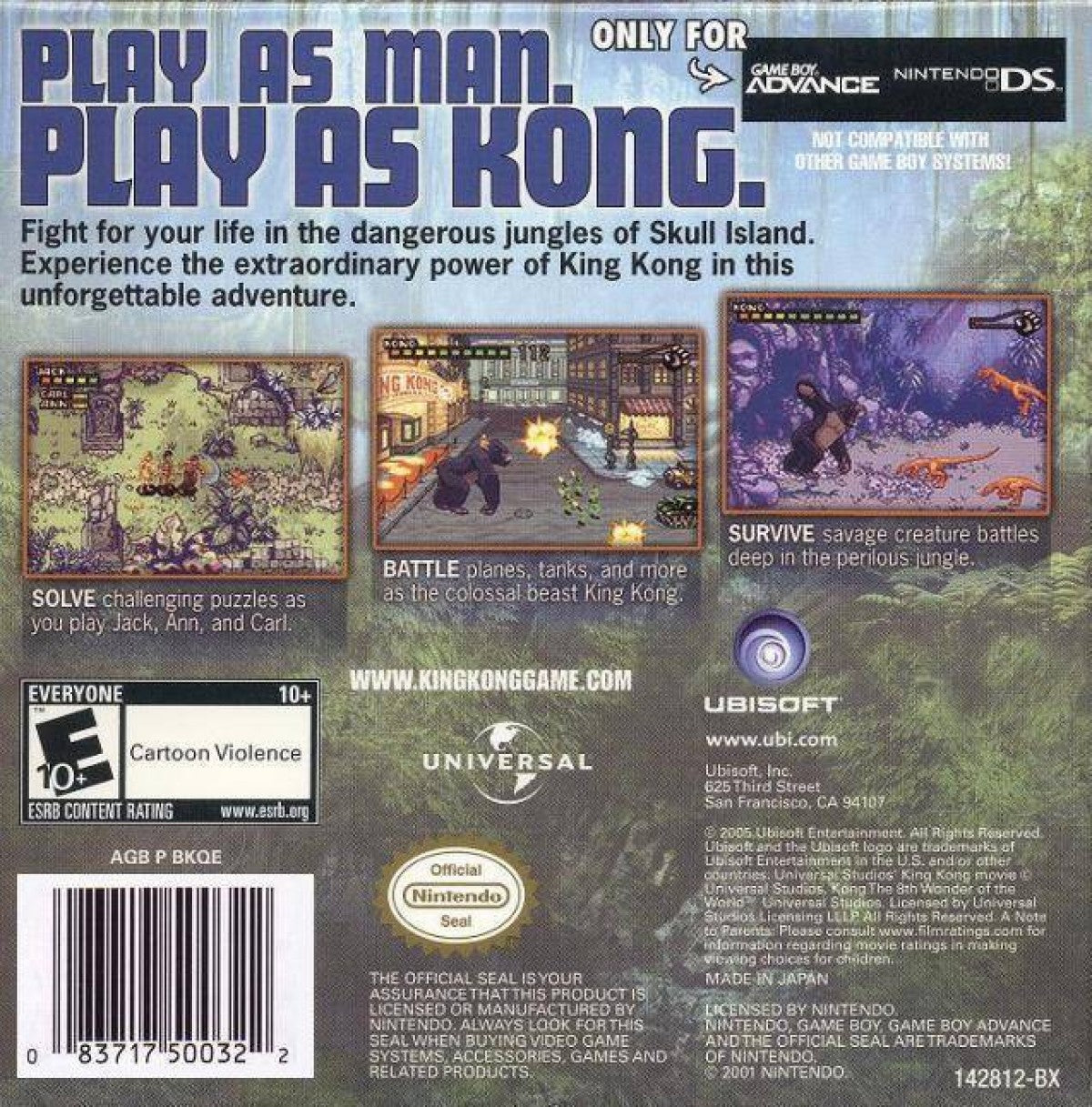 Kong 8th Wonder of the World for Game Boy Advance (GBA), back of case for a retro video game featuring action-adventure gameplay, side-scrolling combat, jungle exploration, movie-inspired battles, and creature-based challenges